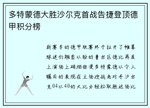 多特蒙德大胜沙尔克首战告捷登顶德甲积分榜